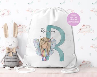Personalised fairy drawstring gym bag, dance bag for dancers, birthday gift for girls, school PE bag, preschool or nursery spare clothes bag