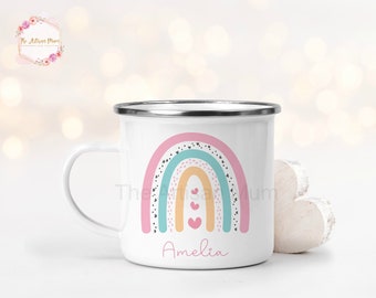 Personalised rainbow enamel mug, children's mug, custom enamel cup, gifts for kids, camping mug, enamel mug gift for her, rainbow gift