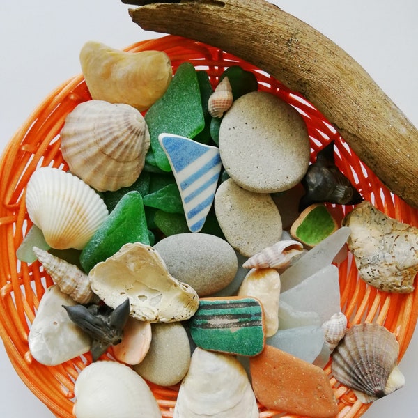 Authentic Sea Glass, beach treasures, sea findings, sea pottery, sea shells, beach decor, bulk mermaid treasure box, Sea Ceramic Seaglass