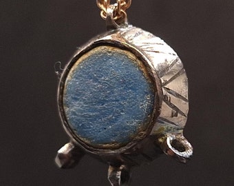 Medieval silver pendant with rare blue insert and rare ornaments, Medieval silver Jewelry, Rare silver Pendant, Original medieval artifact