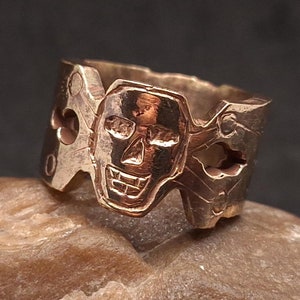 Unique Handcrafted World War I Soldier Ring Trench Art Skull Bones and Ornaments Ring Massive Wide Bronze Battlefield Ring, Rare WW1 Ring
