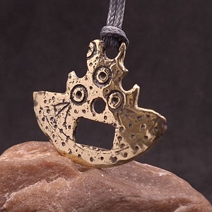 Artifact of the Viking Age, Ax-shaped Bronze pendant with ornaments, Part of an ancient belt spreader, Warrior mascot, Rare Viking Amulet