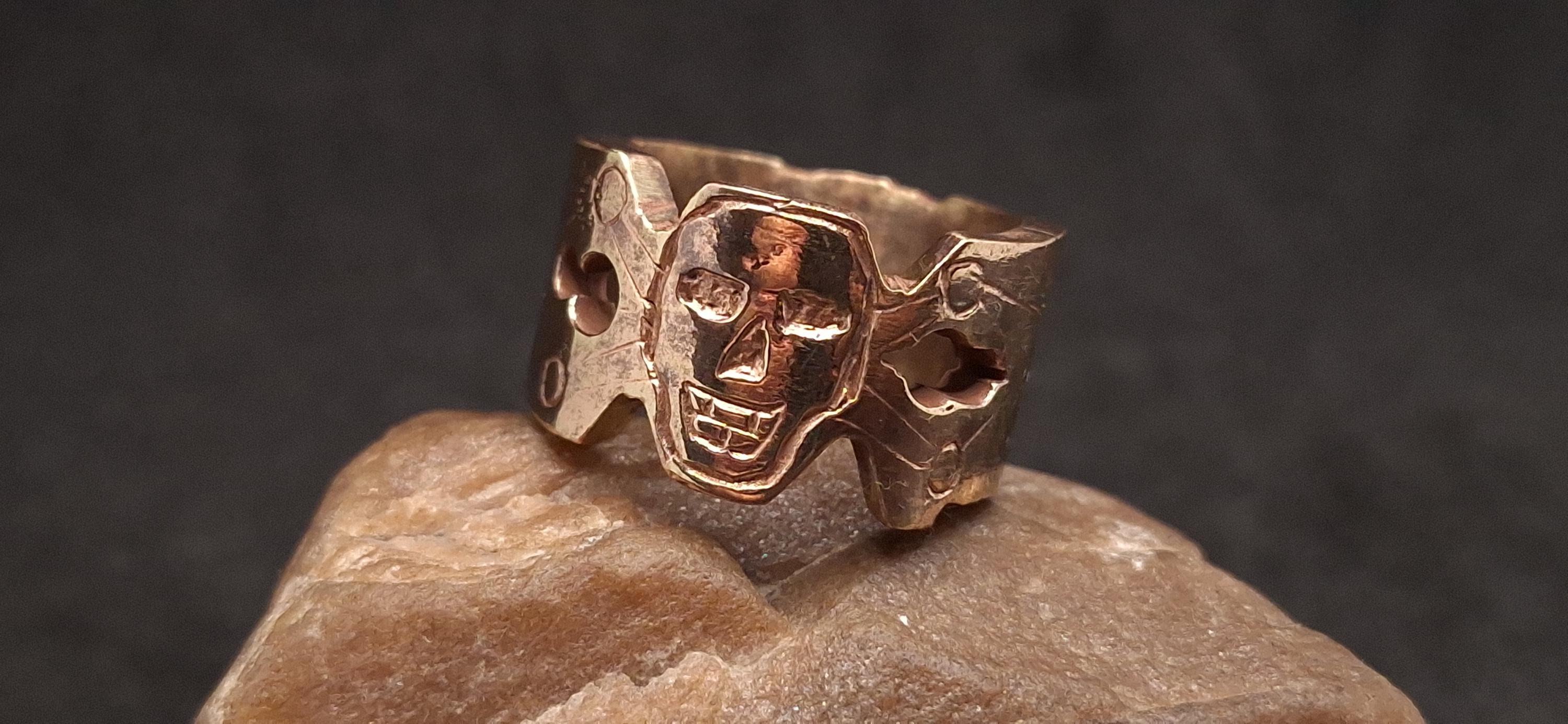 Unique Handcrafted World War I Soldier Ring Trench Art Skull Bones and Ornaments Ring Massive Wide Bronze Battlefield Ring, Rare WW1 Ring