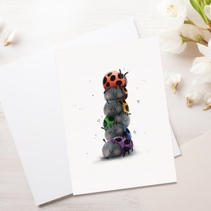 Postkarte Marienkäfer DIN A6, MIT oder OHNE Umschlag, Regenbogen Farben, bunt, Karte zu jedem Anlass