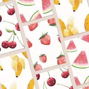Postkarten Früchte 4 Stück, Kartenset, Karte Obst, 4 Motive, Bananen, Melonen, Erdbeeren, Kirschen, Grußkarte zu jedem Anlass