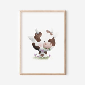 Poster Kuh DIN A4, Kinderbild Bauernhof, Dekoration fürs Babyzimmer, Kinderzimmerdeko, Bauernhoftiere, niedliches Tierposter