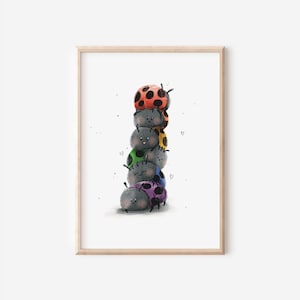 Poster Marienkäfer, DIN A4, Druck, wahlweise bunt oder rot Marienkäfer, niedlicher Haufen Käfer, Wandbild Wohnzimmer, Bild Kinderzimmer