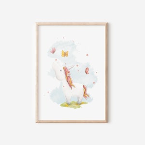 Poster Einhorn und Schmetterlinge DIN A4, Kinderbild, Dekoration Kinderzimmer, Geschenk Geburt, Taufe, Babyparty