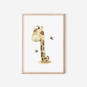 Kinderposter Giraffe, Kinderbild Safari fürs Kinderzimmer, DIN A4, Dekoration fürs Babyzimmer, Zootiere, schlichtes Design, neutrale Farben