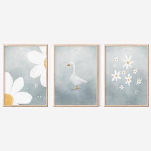 Bilder Gans und Gänseblümchen A4, 3er-Set, Dekoration für die Küche, niedliche Poster Kinderzimmer, Druck mit Gänsemotiv, blaugraue Wanddeko