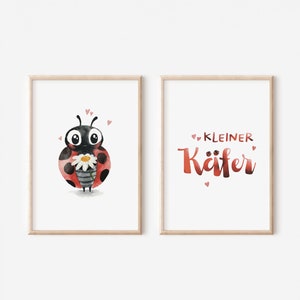 Kinderposter Marienkäfer Set DIN A4, Schriftzug Kleiner Käfer, rot, Dekoration Babyzimmer, Kinderzimmerdekoration