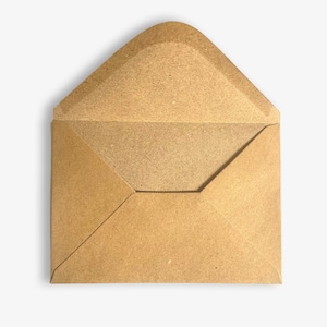May include: A rectangular envelope made of light brown, textured kraft paper. The envelope features a triangular flap at the top that is open, revealing the interior paper surface. The paper has a visible fibrous, speckled texture throughout.