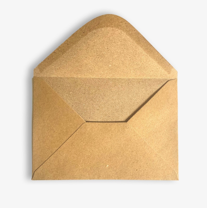 May include: A rectangular envelope made of light brown, textured kraft paper. The envelope features a triangular flap at the top that is open, revealing the interior paper surface. The paper has a visible fibrous, speckled texture throughout.