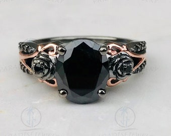 Enchanted Disney Villains Maleficent 2.6Ct Oval Black & 3/4CT CZ Diamond Ring, 925 Sterling Silver Black Plated Ring, Gift For Wife Ring