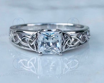 Celtic Ring, White Gold CZ Diamond Celtic Engagement Ring, Trinity Knot Ring Irish Ring, Triquetra Ring, Engagement Wedding 925 Silver Ring