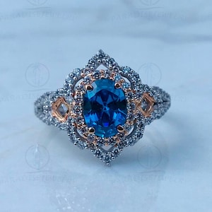Enchanted Disney Aurora Aqua Oval & 3/4 CTTW Diamond Scallop Frame Engagement Ring, Two-Tone Gold Plated Women&#39;s Ring, Sterling Silver Ring