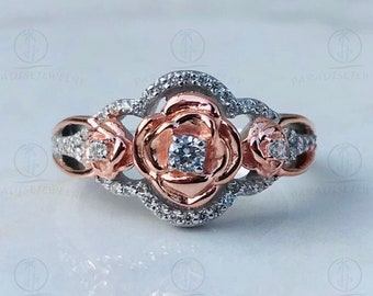 Enchanted Disney Belle Ring, 1/4 Ctw White Round Lab Diamond Engagement Wedding 925 Sterling Silver Ring, Two Tone Plated Three Stone Ring
