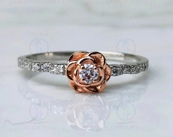 Enchanted Disney 1/4CTTW Round Cut Diamond Belle Rose Promise Ring, Fine Jewelry Ring, 925 Sterling Silver And Rose Gold Rhodium Plated Ring