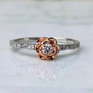Enchanted Disney 1/4CTTW Round Cut Diamond Belle Rose Promise Ring, Fine Jewelry Ring, 925 Sterling Silver And Rose Gold Rhodium Plated Ring