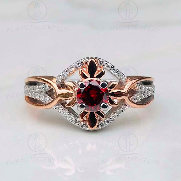 Enchanted Disney Fine Jewelry 925 Sterling Silver and Rose Gold Plated with 1/6 CTTW CZ Diamond and Rhodolite Garnet Anna Ring, Gift For Her