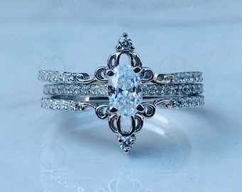 Enchanted Disney Fine Jewelry 14K White Gold 3/4Ctw Diamond Cinderella Trio Bridal Set, Wedding Matching Trio Set, Sterling Silver Ring Set