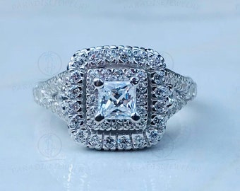 Vera Wang Love Collection 1/2CT Princess-Cut Diamond and Sapphire Frame Engagement Sterling Silver Ring, Unique Diamond Ring White Gold Ring