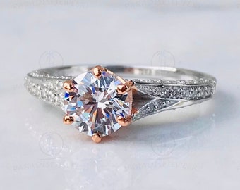 Enchanted Disney Princess 1-1/4 CTTW Round Diamond Crown Vintage-Style Engagement Ring in Rose Gold Plated Sterling Silver, Moissanite Ring