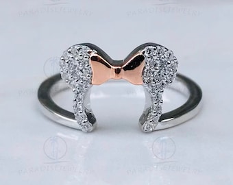 Enchanted Disney Two Tone Plated Ring, Mickey Mouse & Minnie Mouse Face Outline Ring, 925 Sterling Silver Ring, Cartoon Character Tie Ring