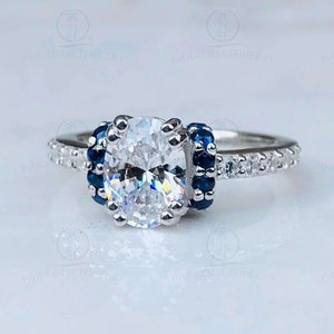 Vera Wang Love Collection Ring, 1.25 CT White Oval Cut Diamond & Blue Sapphire 14K White Gold Ring, Women&#39;s Moissanite Sterling Silver Ring