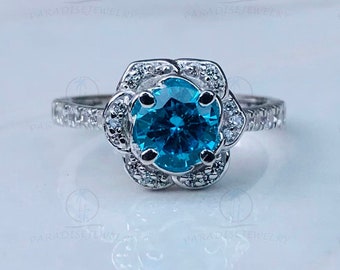 Enchanted Disney 6 MM Cinderella Blue Topaz Round Diamond Frame Engagement White Gold Ring, Rose Flower Style Wedding Sterling Silver Ring