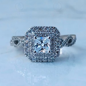 14K White Gold - Vera Wang Love Collection 1 CTTW Princess Shaped Diamond Double Frame Twist Shank Engagement Ring, Women&#39;s 925 Silver Ring