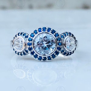 Three Stone Ring, Blue Sapphire Halo Round Frame Ring,White Round Simulated Diamond Ring,Moissanite White Gold Ring, Wedding 925 Silver Ring