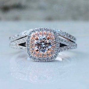 Enchanted Disney Moissanite Wedding Ring Set, 1/2 CT White Round Diamond Pave Halo Matching White Gold Ring Set, Bridal Set, 925 Silver Set