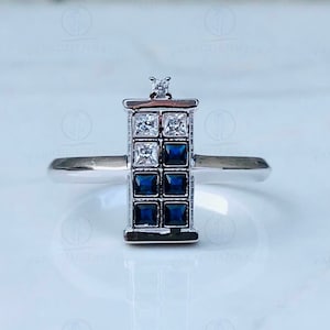 Doctor Who Tardis Ring, 1 Ct Blue Sapphire And White Cubic Zircon Diamond Ring, Doctor Who Inspired White Gold Ring, Tardis 925 Silver Ring