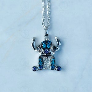 Disney Treasures Lilo & Stitch London Blue Topaz Amethyst/ 1/20 Cttw CZ Diamond Necklace 925 Silver And Two Tone Rhodium Plated Necklace 18&quot;