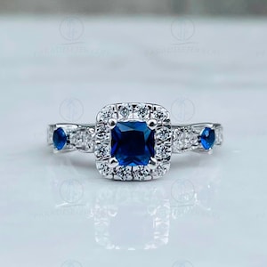 Vera Wang Love Collection 3/4 CTTW Blue Princess Cut Diamond With Sapphire Vintage-Style Ring In 14K White Gold, Three Stone 925 Silver Ring