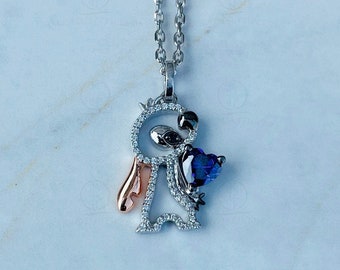 Disney Treasures Lilo & Stitch Amethyst With 1/8 cttw CZ Round Cut Diamond Pendant Sterling Silver And Rose Gold Rhodium Plated Necklace 18"