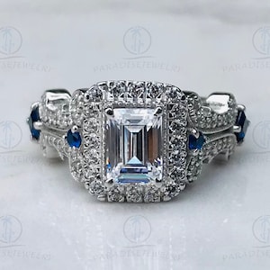 Vera Wang Love Collection 1.80Ct White Emerald CZ With Blue Diamond Halo Wedding Engagement Ring In 14k Gold Finish 925 Sterling Silver Ring