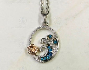 Disney Treasures Lilo & Stitch London Blue Topaz With 1/10 cttw Diamond Wave Necklace Rose Gold Plated 925 Silver Pendant, Wedding Gift 18"