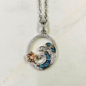 Disney Treasures Lilo & Stitch London Blue Topaz With 1/10 cttw Diamond Wave Necklace Rose Gold Plated 925 Silver Pendant, Wedding Gift 18&quot;
