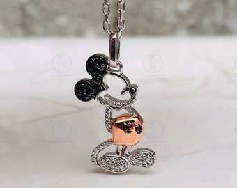 Disney Treasures Mickey Mouse Garnet & Diamond Necklace 1/6 Cttw Pendant, Rose Gold Plated 925 Sterling Silver Pendant, Wedding 18" Necklace