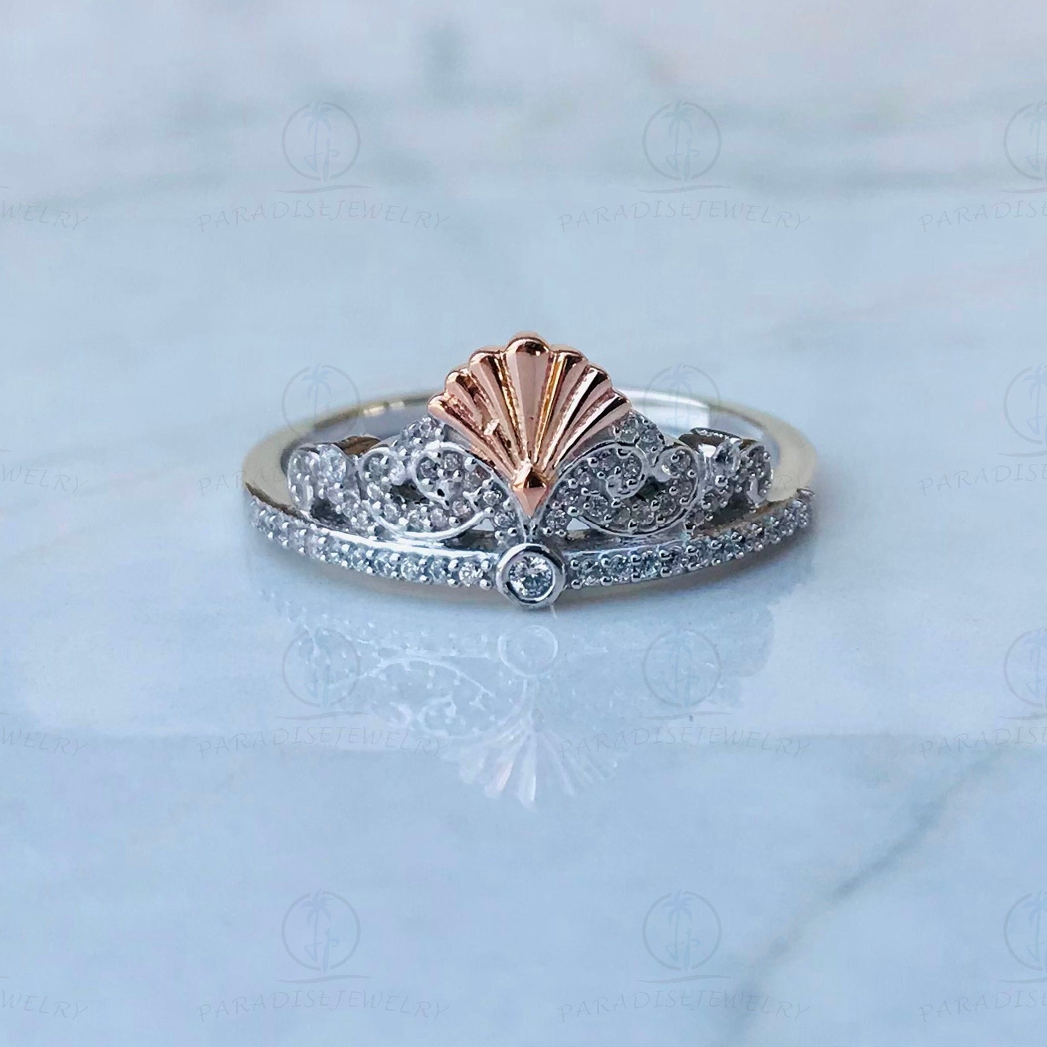 Amazon.com: Jewelili Enchanted Disney Fine Jewelry 10K White And Rose Gold  1/5 Cttw Diamond Belle Rose Ring, Size 5: Clothing, Shoes & Jewelry