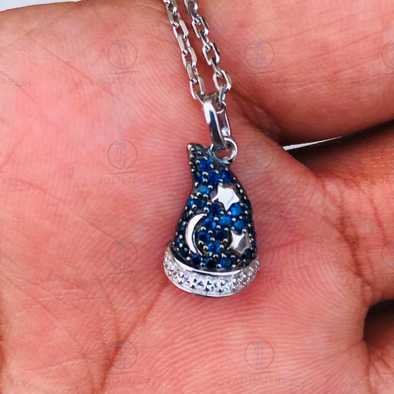 Disney Treasures Fantasia Blue Sapphire & 1/12cttw CZ Diamond Star Pendant Necklaces, Black Plated Sterling Silver Pendant With Silver Chain image 4