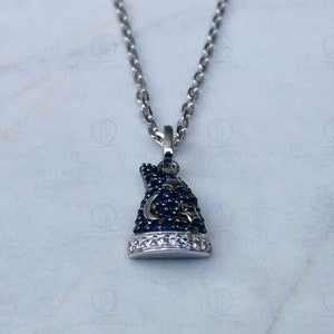 Disney Treasures Fantasia Blue Sapphire & 1/12cttw CZ Diamond Star Pendant Necklaces, Black Plated Sterling Silver Pendant With Silver Chain image 3