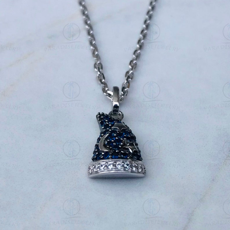 Disney Treasures Fantasia Blue Sapphire & 1/12cttw CZ Diamond Star Pendant Necklaces, Black Plated Sterling Silver Pendant With Silver Chain image 3