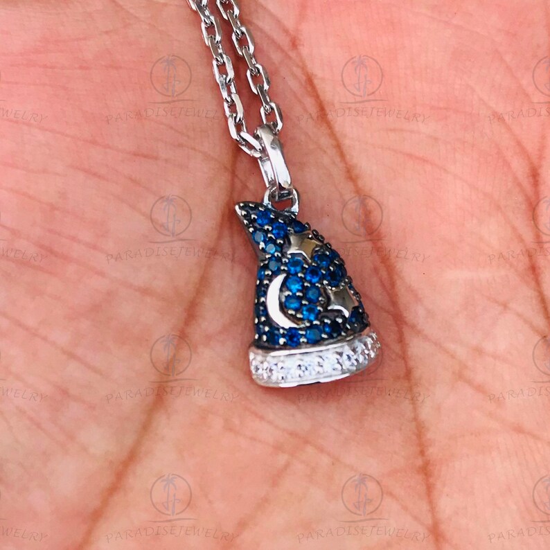 Disney Treasures Fantasia Blue Sapphire & 1/12cttw CZ Diamond Star Pendant Necklaces, Black Plated Sterling Silver Pendant With Silver Chain image 6