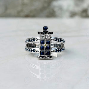 Princess Round Blue Sapphire and White CZ Diamond Dr Who Inspired Ladies Love Tardis Gold Ring,925 Sterling Silver Tardis Bling Wedding Ring
