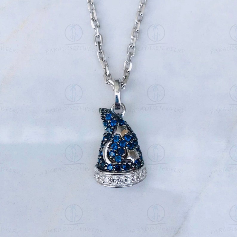 Disney Treasures Fantasia Blue Sapphire & 1/12cttw CZ Diamond Star Pendant Necklaces, Black Plated Sterling Silver Pendant With Silver Chain image 1