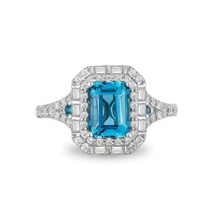 Enchanted Disney Cinderella London Blue Topaz & 3 CT Diamond Halo Double Frame Engagement Ring in Sterling Silver, Aquamarine Emerald Ring