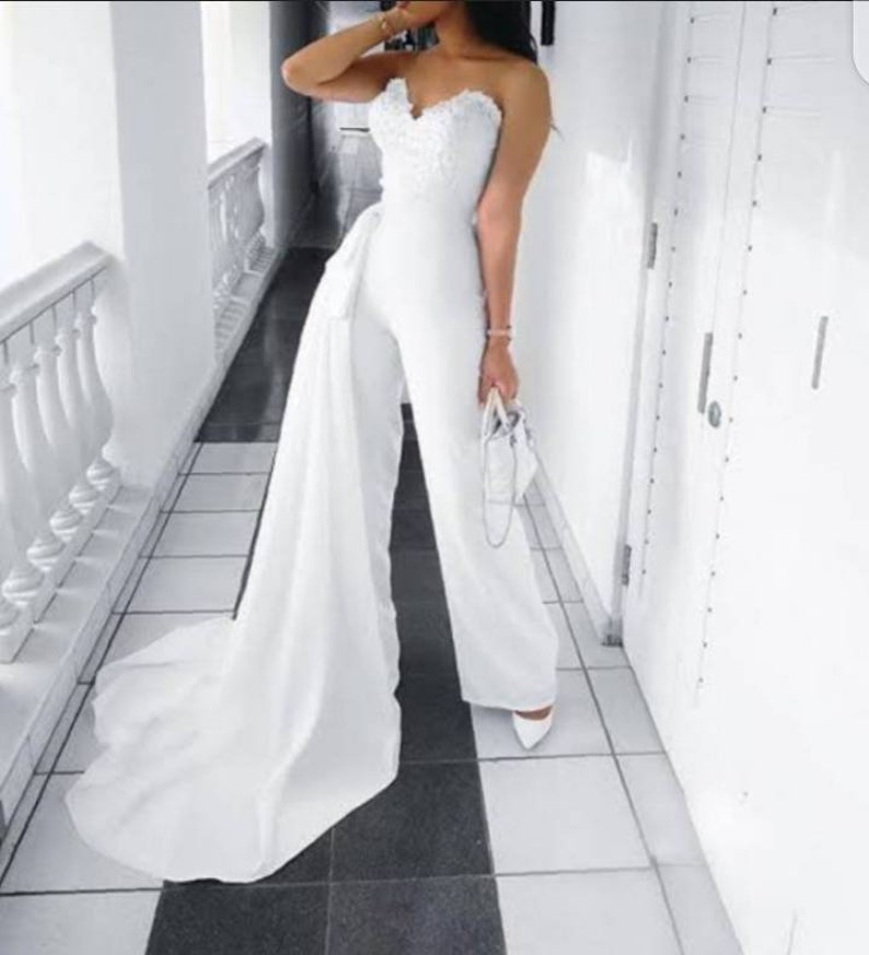 White bridal off shoulder jumpsuit with side cape